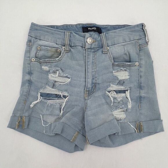 Aero Light Wash High Rise Curvy Midi 3" Distressed Ripped Jean Shorts Size 6 - Picture 1 of 6